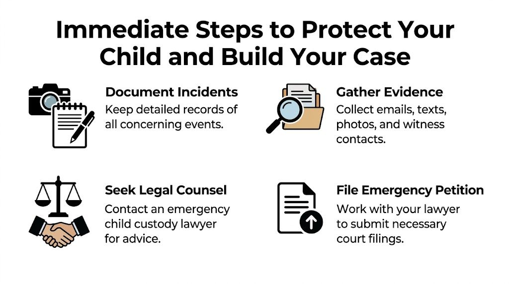 A checklist infographic outlining steps to protect your child, including documenting incidents, gathering evidence, and seeking legal counsel.