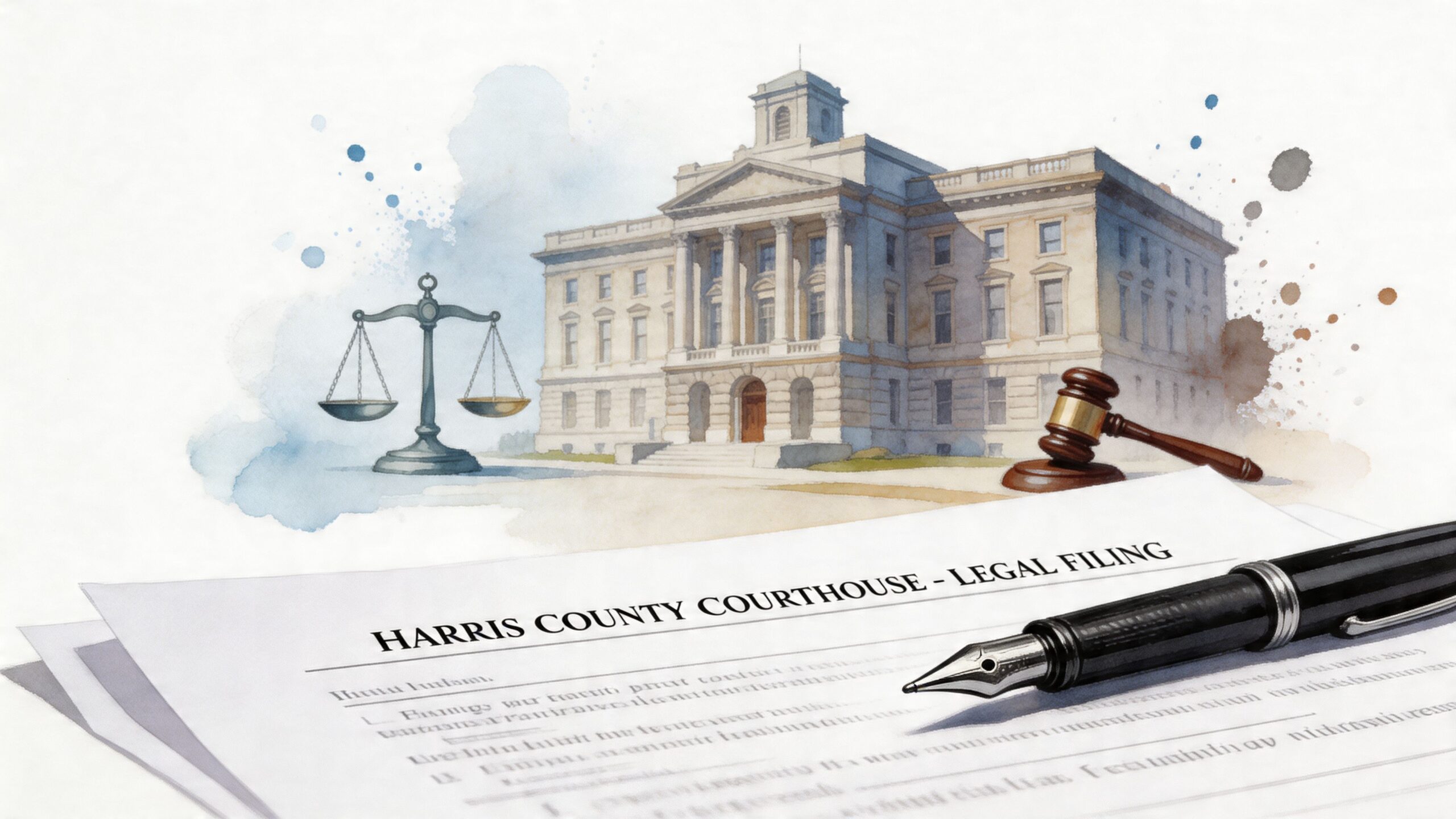 A legal document with a fountain pen in front of a watercolor illustration of a courthouse.