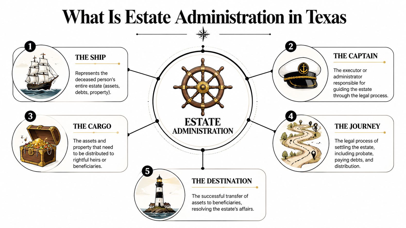 An infographic titled What Is Estate Administration in Texas using nautical metaphors to explain legal probate.