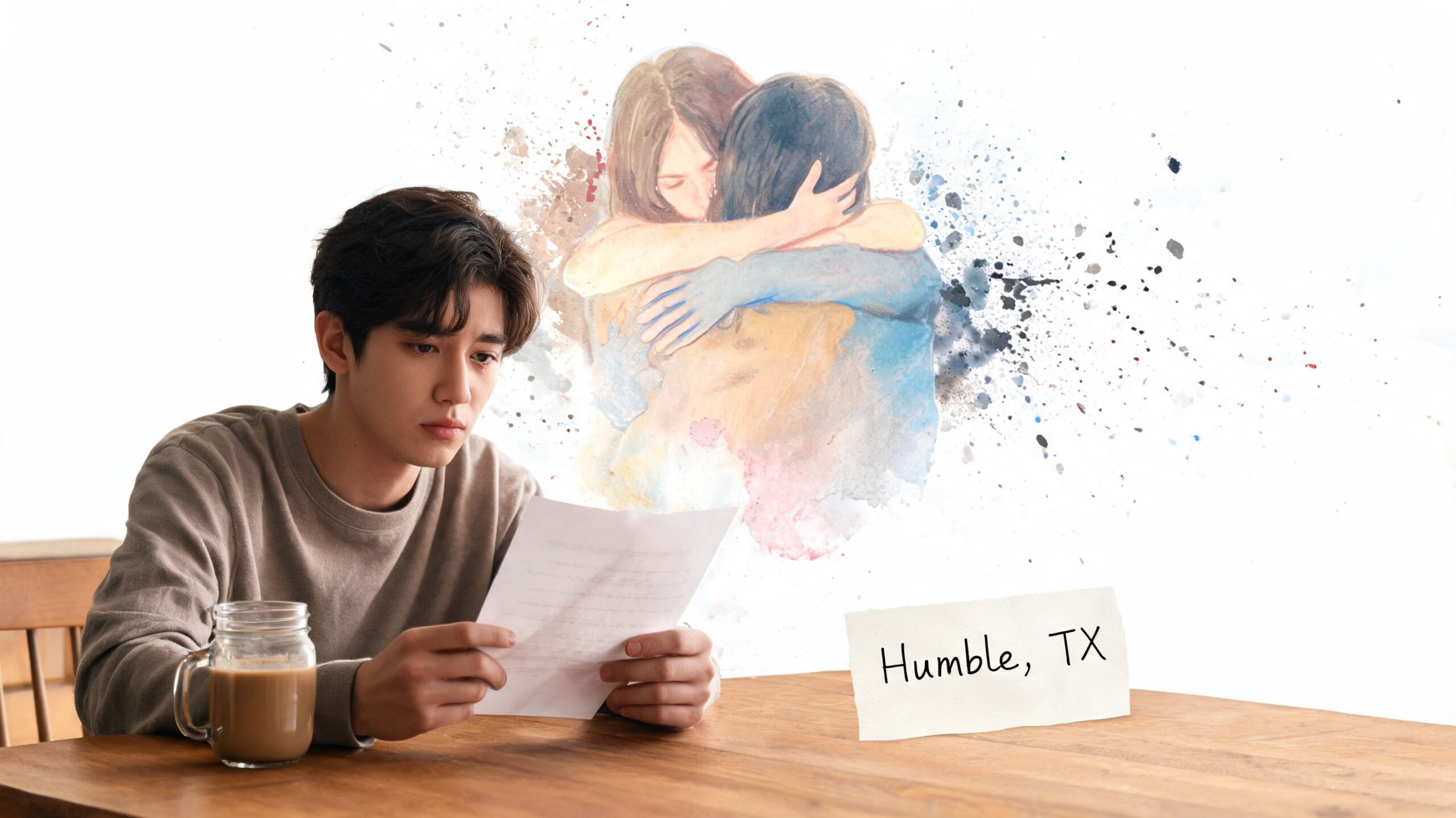 A man reading a letter at a desk with a watercolor image of two people embracing.