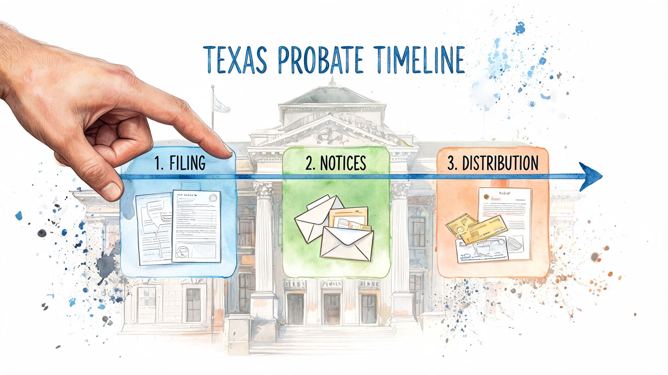 A watercolor illustration depicting a three-step Texas probate timeline for estate administration involving filing, notices, and distribution.