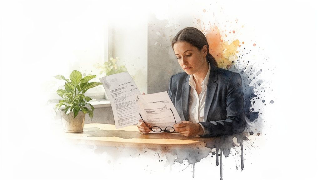 A professional woman in a blazer reads documents and holds glasses at a desk.