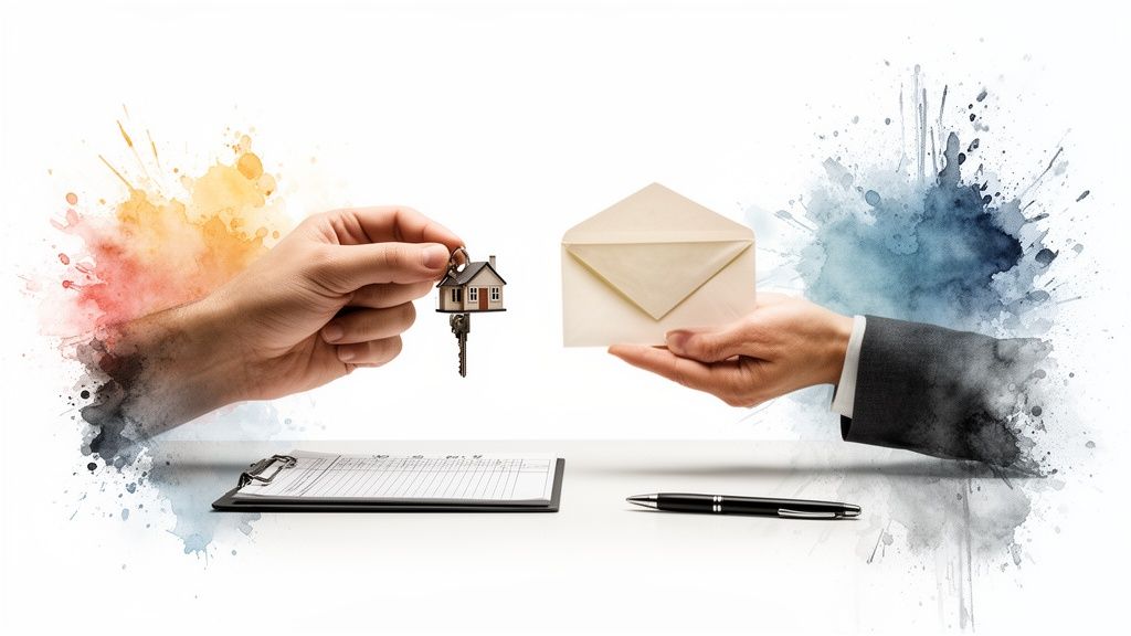 Hands exchanging house keys and an envelope over a clipboard, symbolizing a real estate transaction.