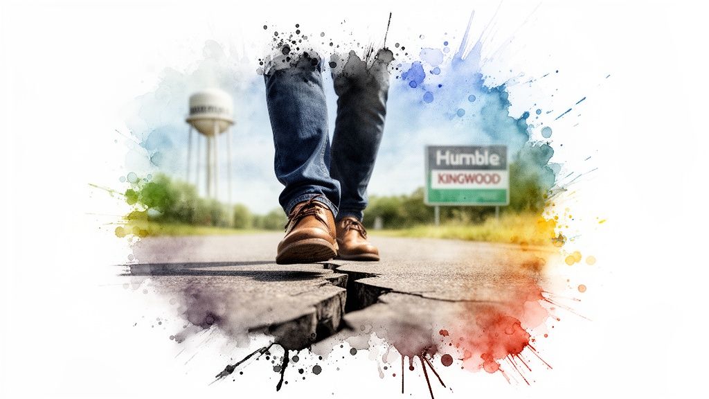 Person walking on a cracked road near a sign for Humble and Kingwood, Texas, artistic watercolor style.