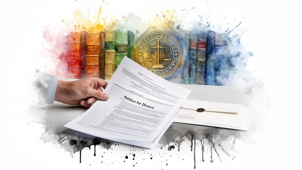 A hand holding a formal Petition for Divorce document on a desk with a legal scale seal.