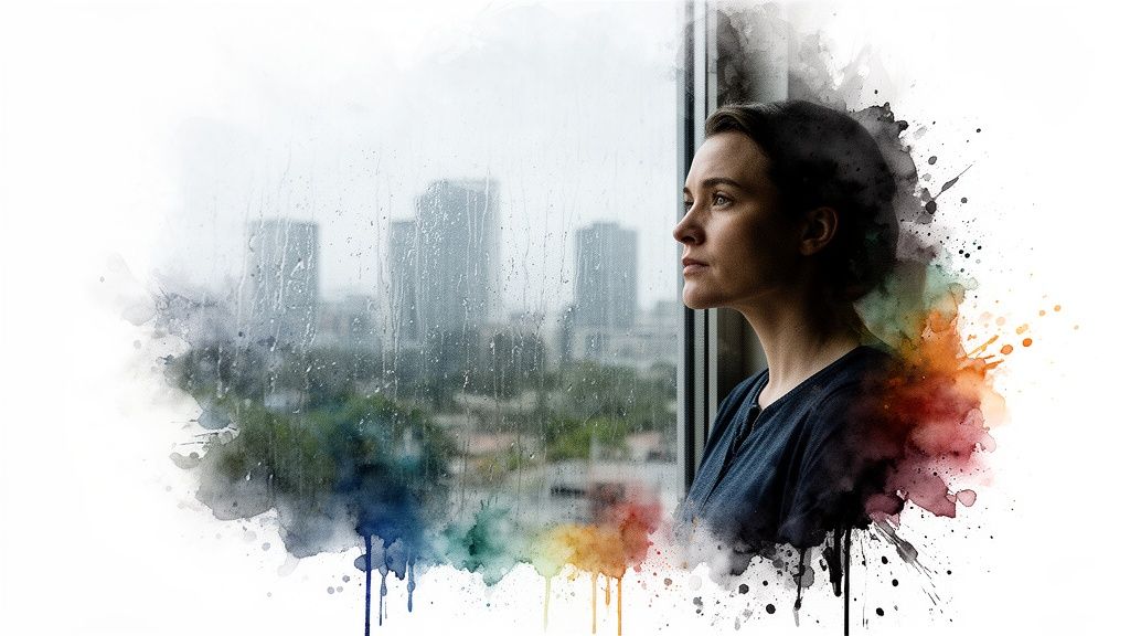 A woman looks through a rainy window at a cityscape with colorful watercolor abstract artistic effects.
