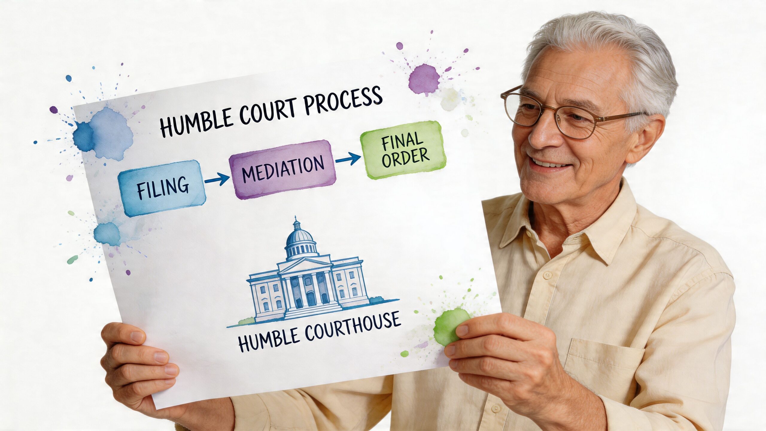 An older man holding a sign illustrating the court process for Humble, Texas, featuring a courthouse sketch.