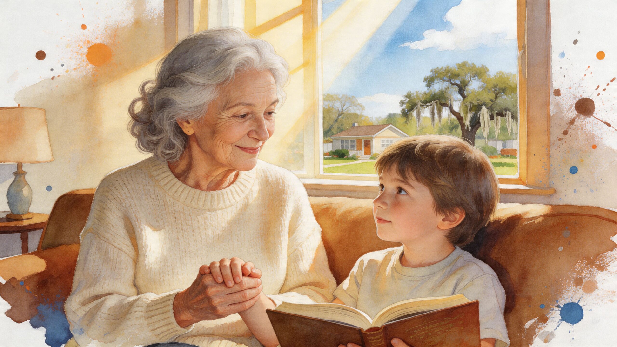 A gentle grandmother sitting on a sofa and holding hands with her young grandson while reading together.