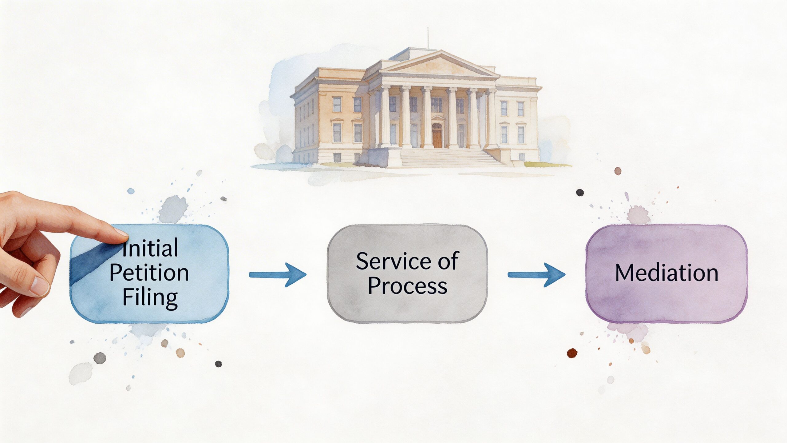 A diagram illustrating the legal steps of filing a petition, service of process, and mediation proceedings.