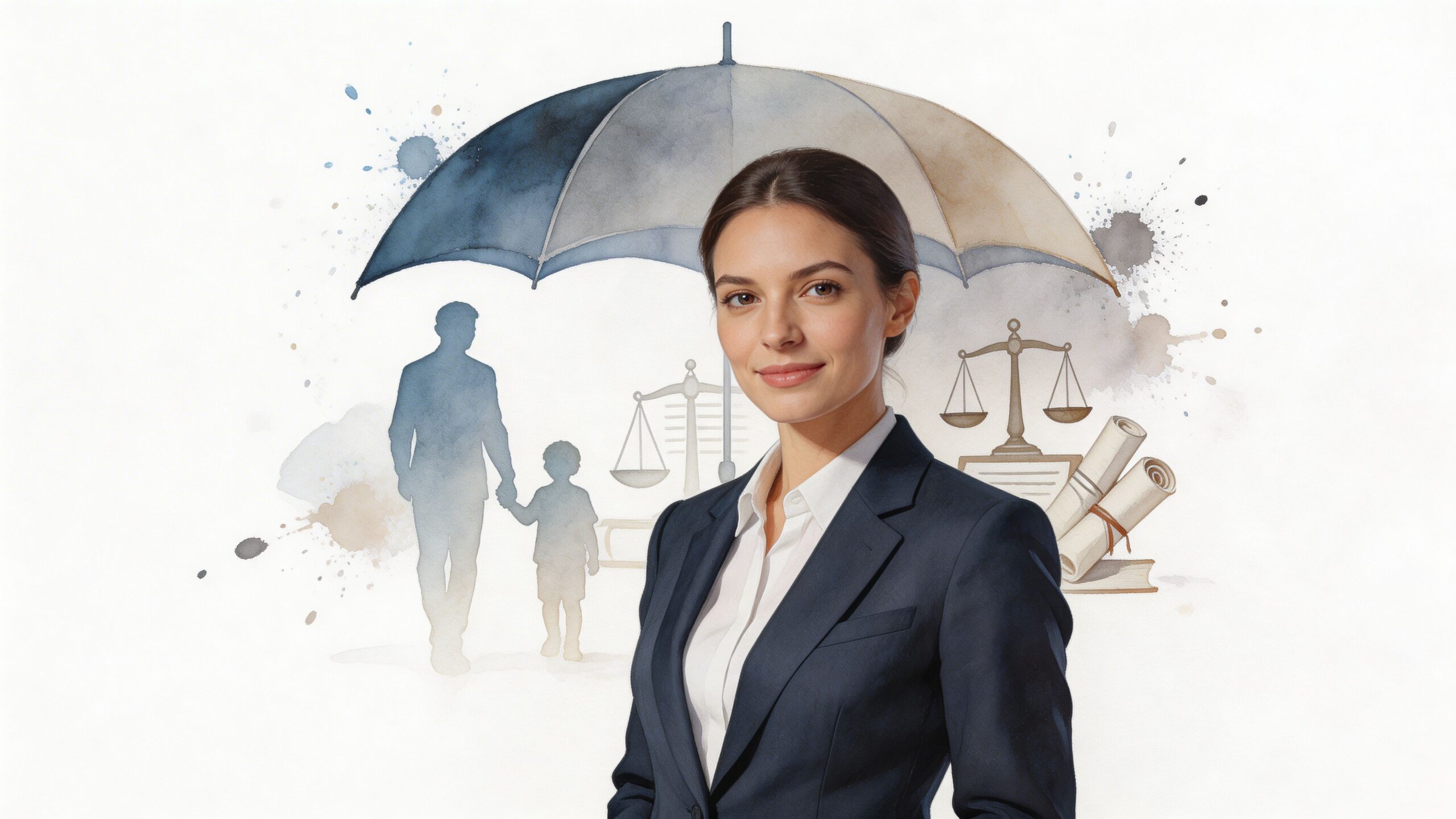 A professional woman in a suit standing in front of a symbolic umbrella representing legal family protection.
