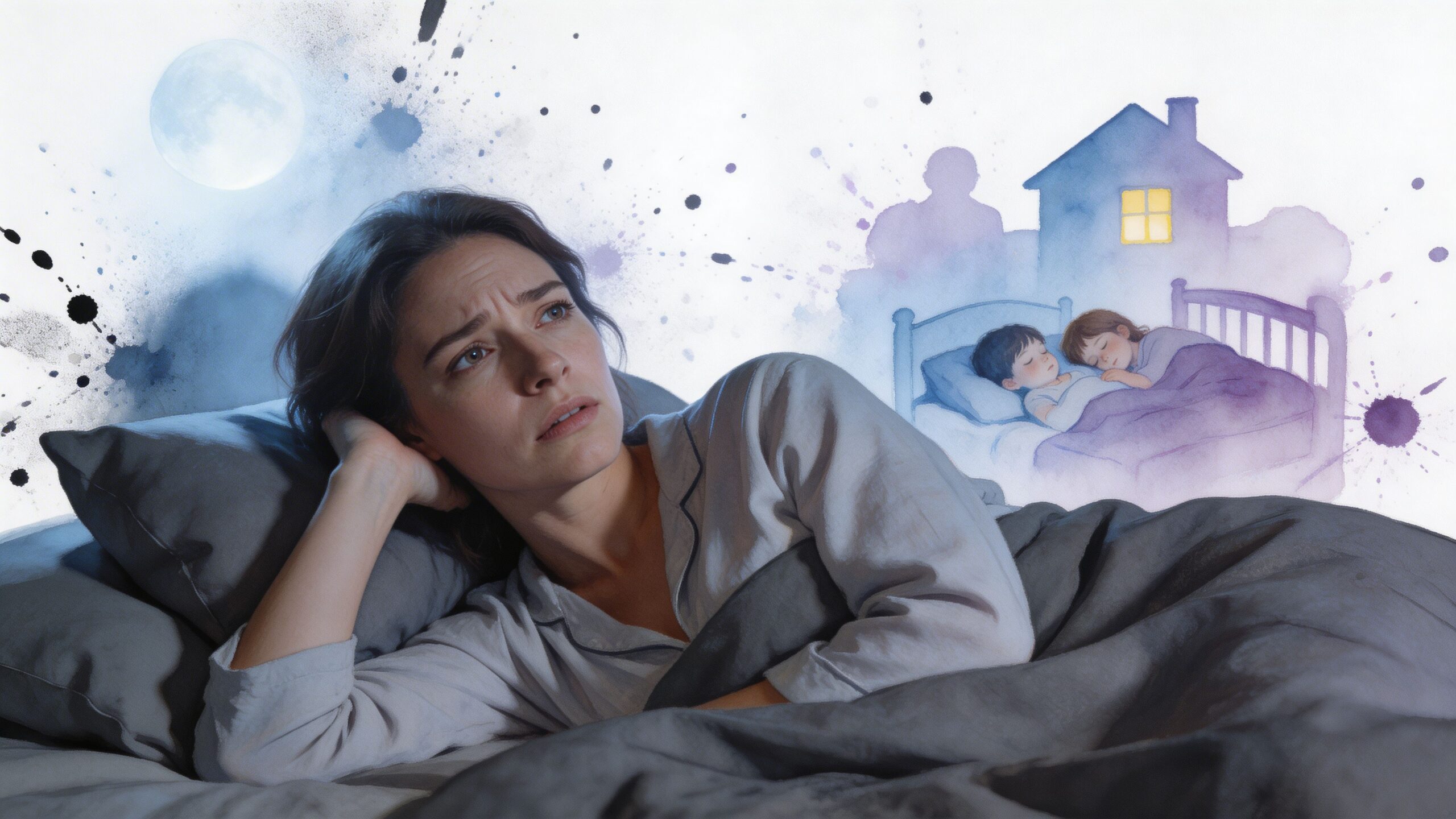 A concerned woman lying in bed at night, imagining her children sleeping peacefully in their home.