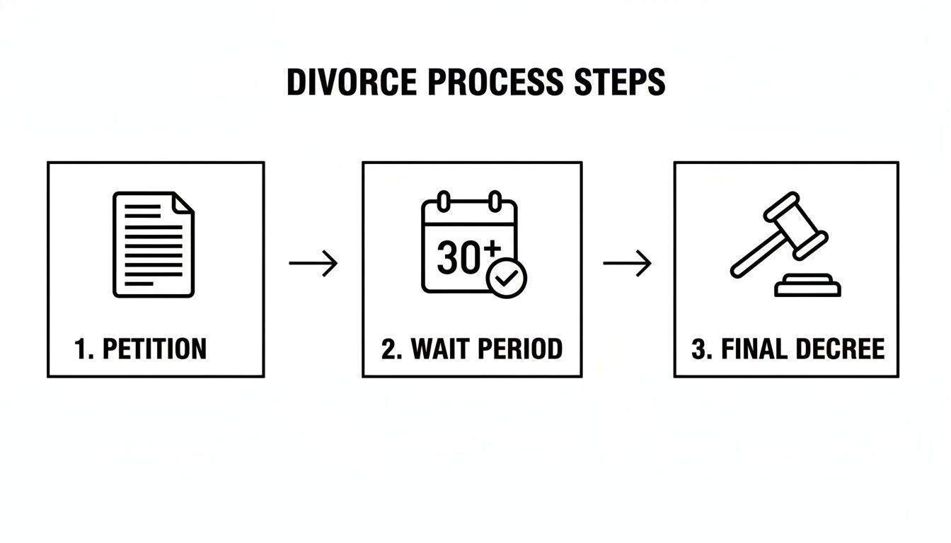 Infographic outlining the three steps of the divorce process: petition, wait period, and final decree.