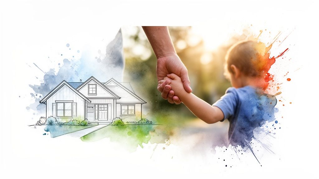 Watercolor drawing of a house with a parent holding a child's hand, symbolizing family and future.