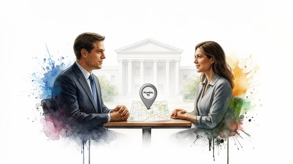 Watercolor illustration of a man and woman discussing a map of Humble, TX, with a courthouse.