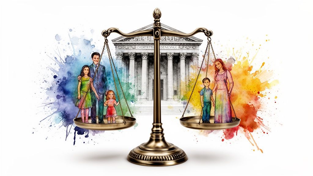 A conceptual illustration of family law showing parents and children balanced on a scale before a courthouse.