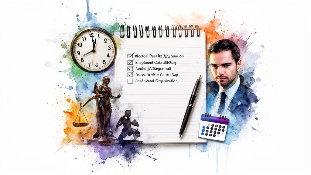 A legal concept art illustration featuring a notebook checklist, Lady Justice, a clock, and a professional lawyer.