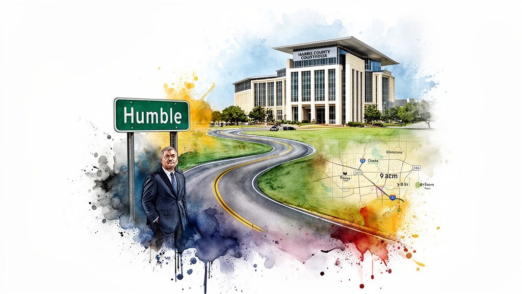 A man in a suit standing by a Humble road sign with the Harris County Courthouse nearby.