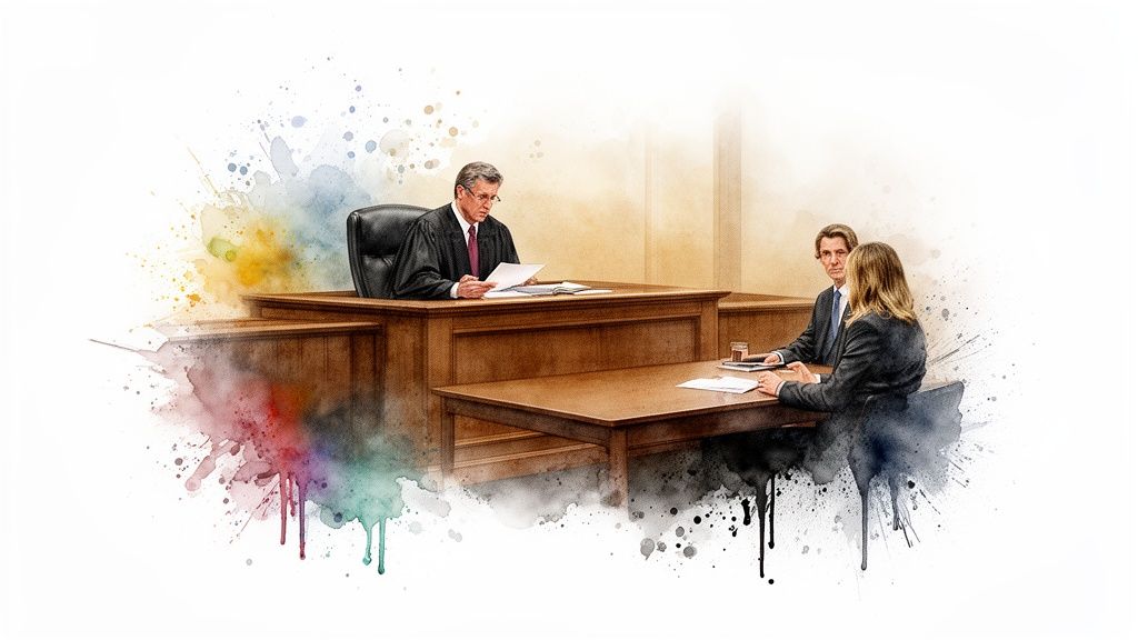 Watercolor illustration of a judge, lawyer, and client in a serious courtroom discussion.