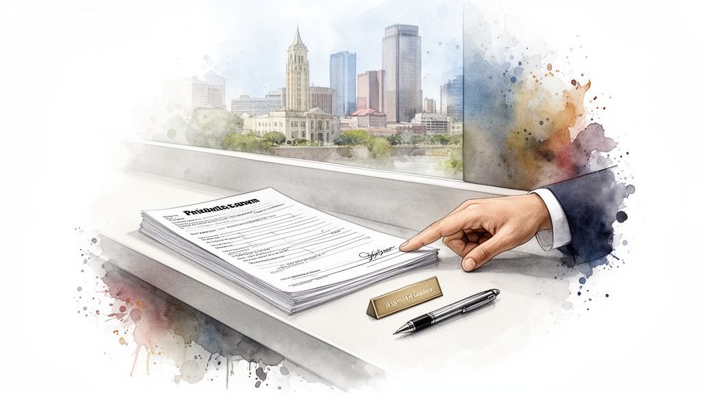 Watercolor illustration of a hand pointing to legal documents on a desk with a city skyline view.