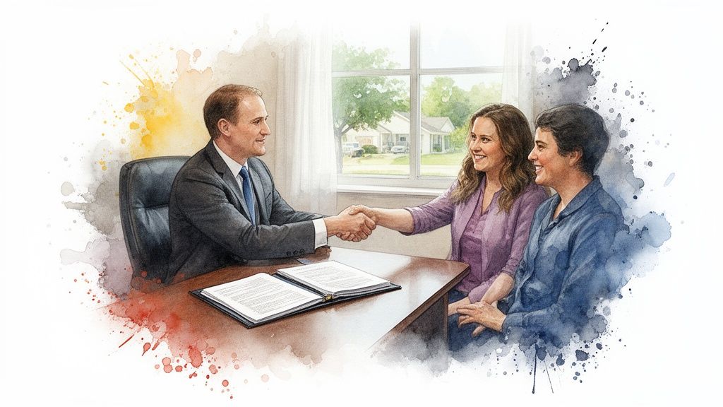 Man in suit shakes hands with woman, another woman smiles, over documents.
