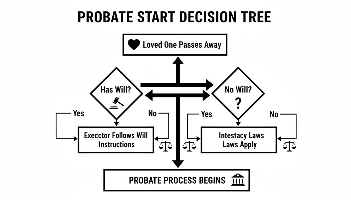 Decision tree flowchart illustrating the probate process when a loved one passes away, with or without a will.