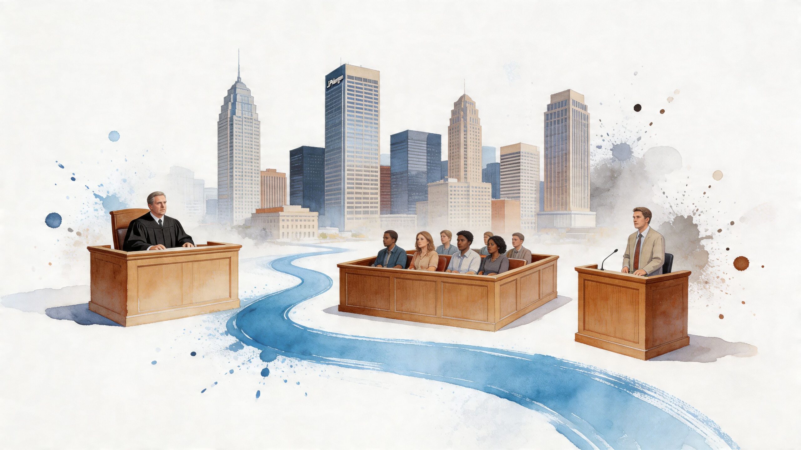 Watercolor illustration of a courtroom scene featuring a judge, jury, and attorney against a city skyline.