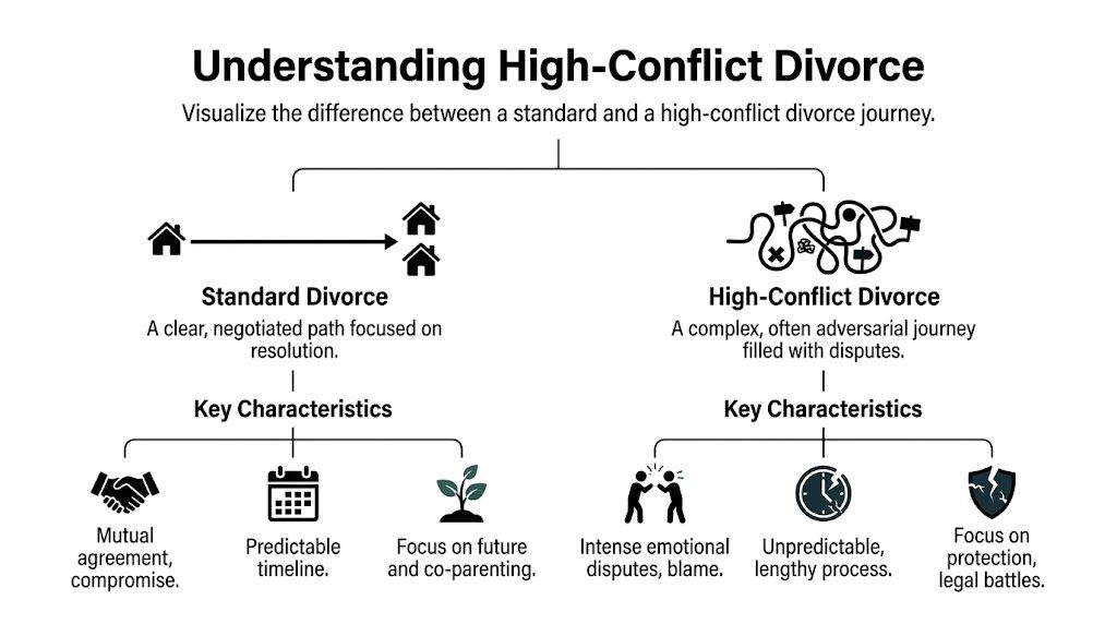 A diagram comparing the straightforward process of a standard divorce with the complex, adversarial high-conflict divorce journey.