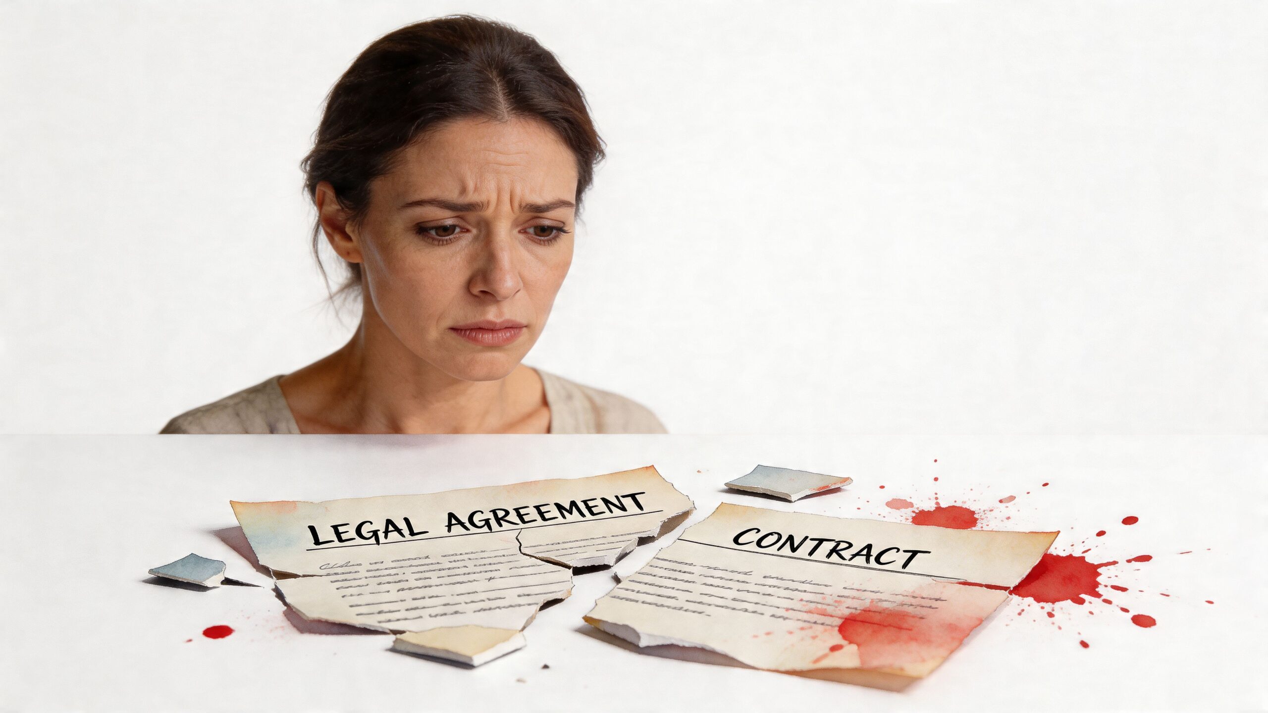 A distressed woman looks sadly at a ripped legal document stained with red ink or blood.
