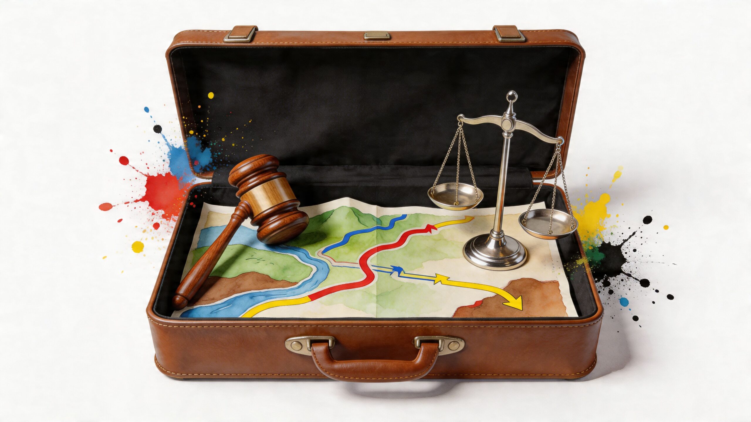 A gavel and balancing scales sit inside an open brown leather briefcase atop a hand-drawn map.