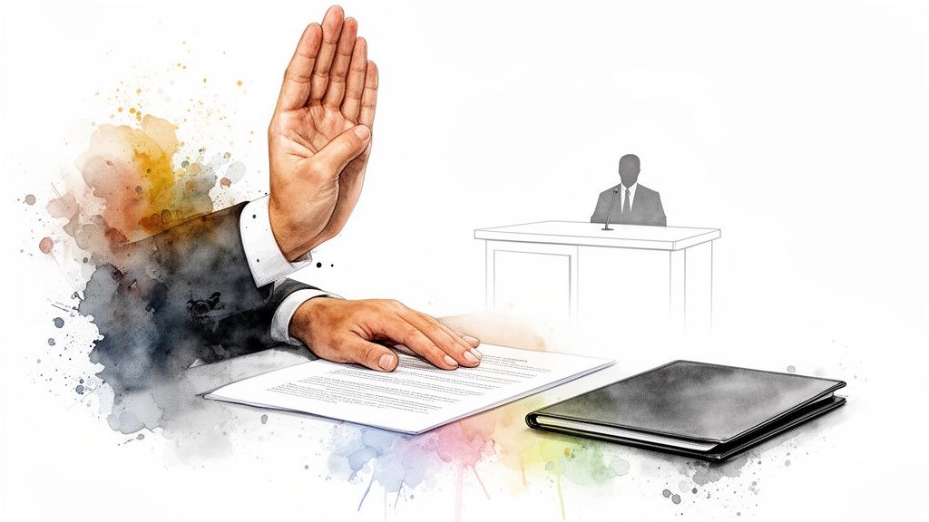 Watercolor illustration of a person taking an oath in a courtroom with legal documents.