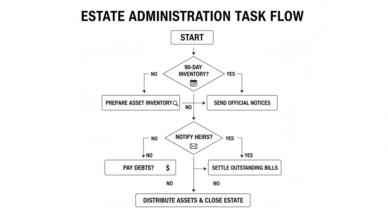 Flowchart illustrating the steps for estate administration, from start to closing the estate.