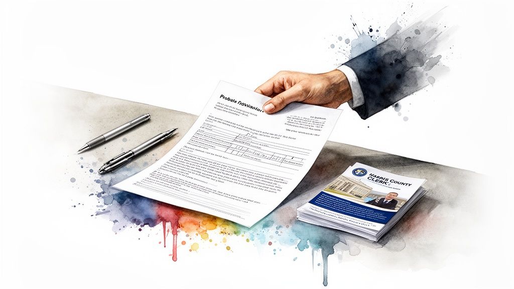 A hand presents a probate document on a desk with pens and Harris County Clerk brochures.