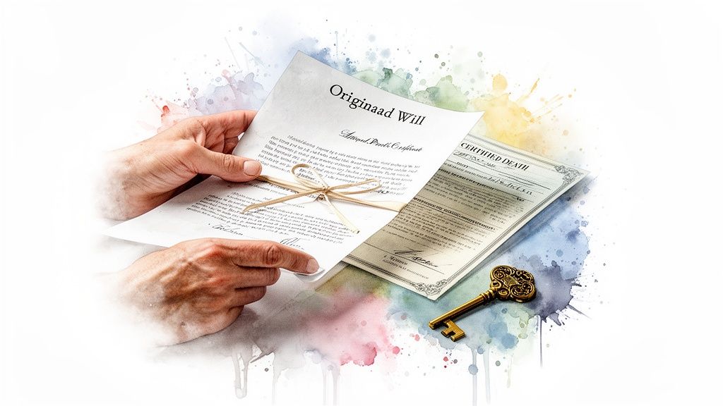 Hands carefully reviewing an original will, next to a certified death certificate and a vintage key.