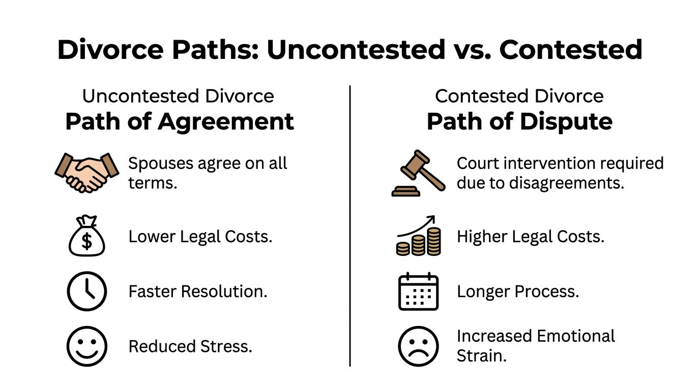 A comparison chart showing the differences between uncontested and contested divorce processes in terms of costs and stress.