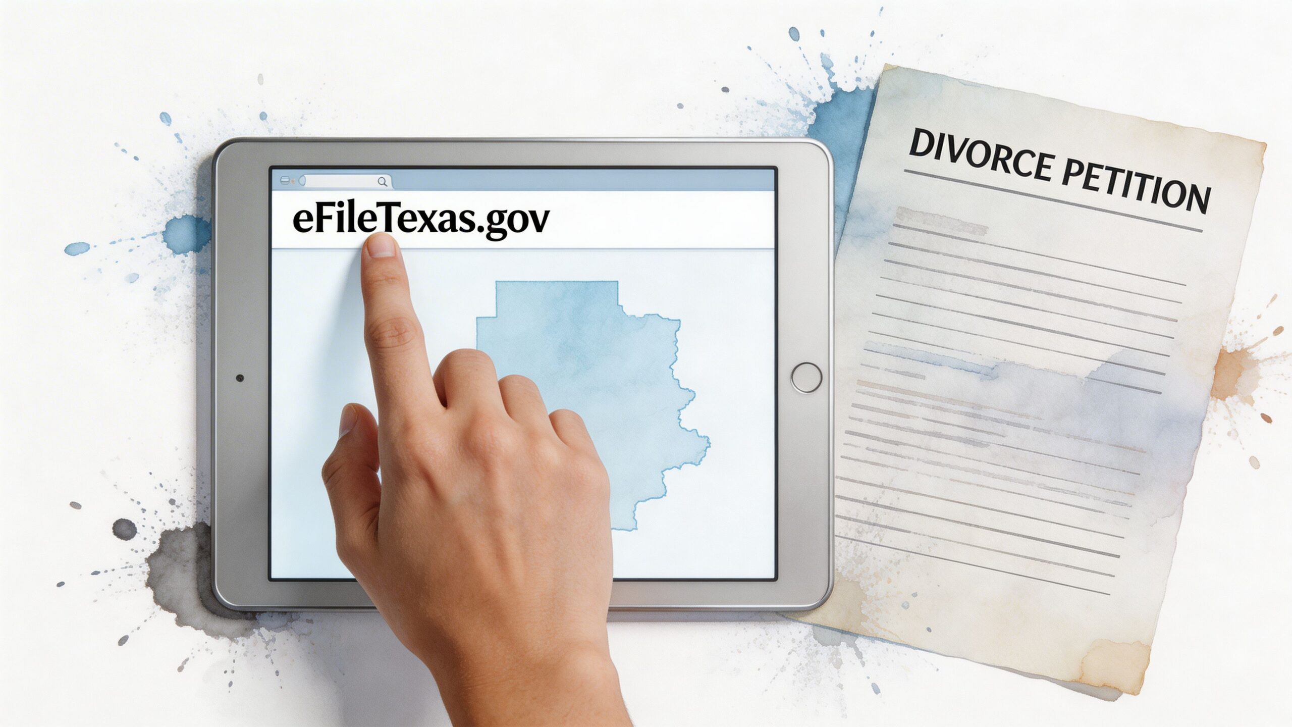 A hand touches a tablet screen displaying the eFileTexas.gov website next to a printed divorce petition document.