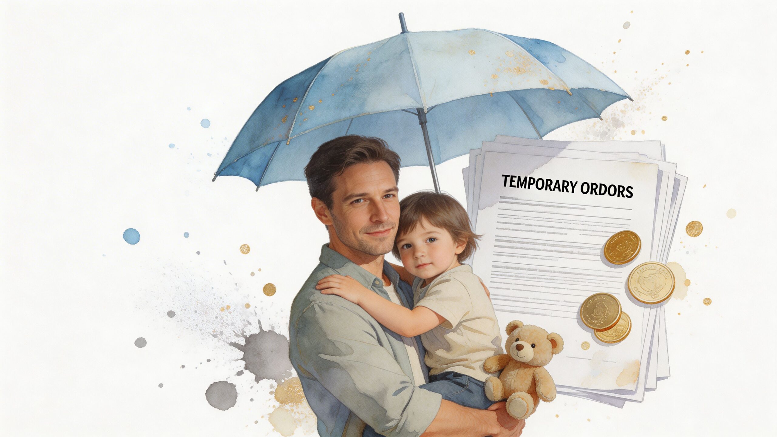 A caring father holding his young child under a blue umbrella next to legal temporary order documents.