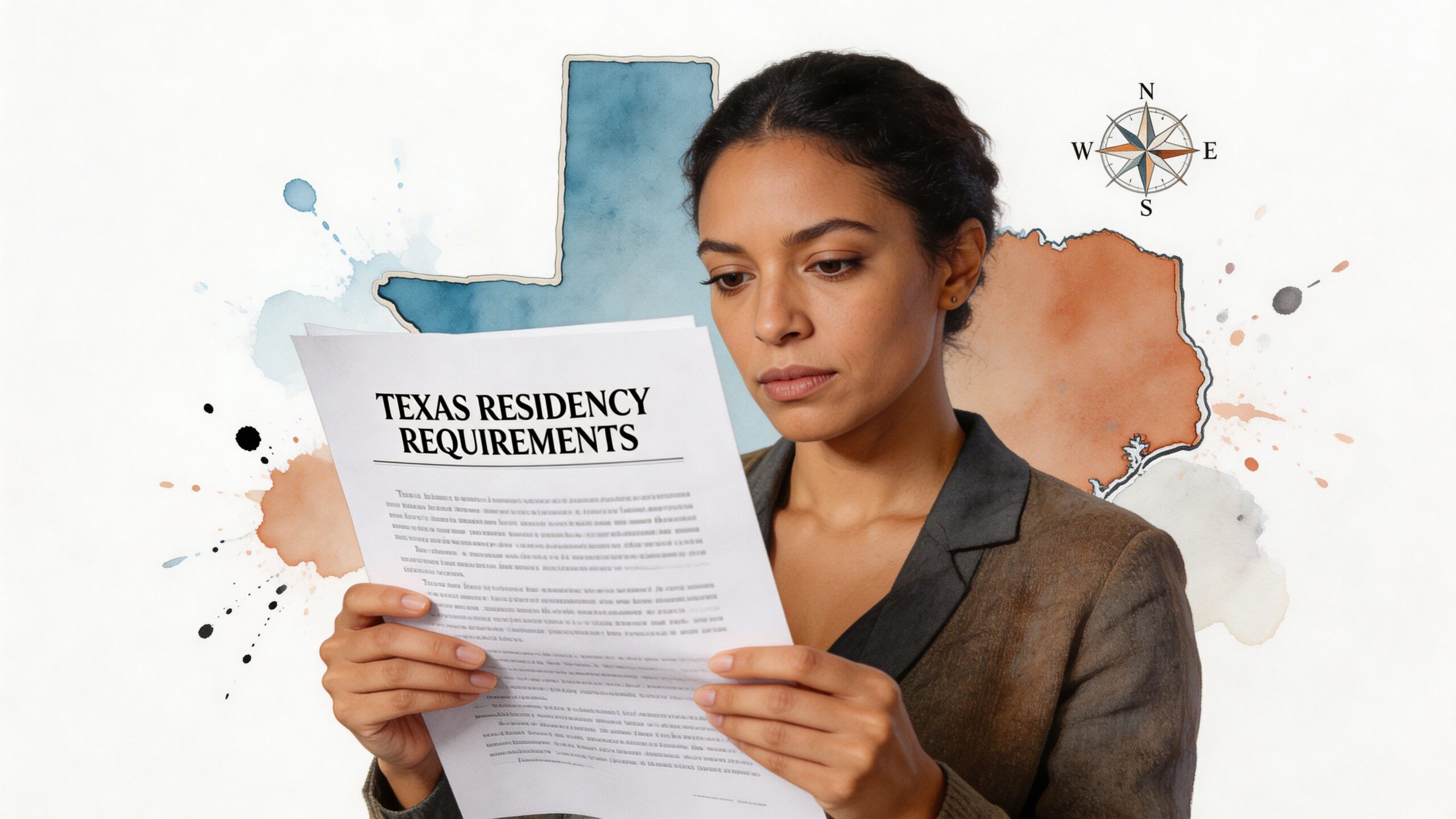 A professional woman reading a document titled Texas Residency Requirements with a map background.