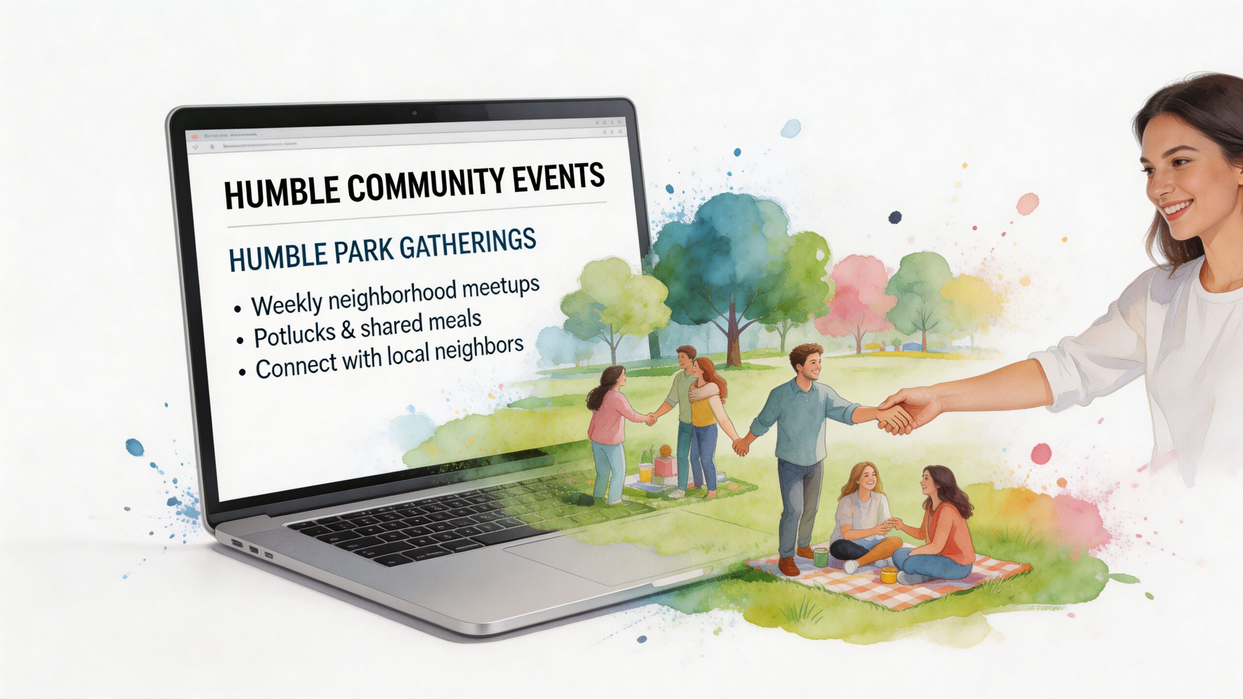 A watercolor illustration of a laptop screen showing community park gatherings connecting to people in a park.