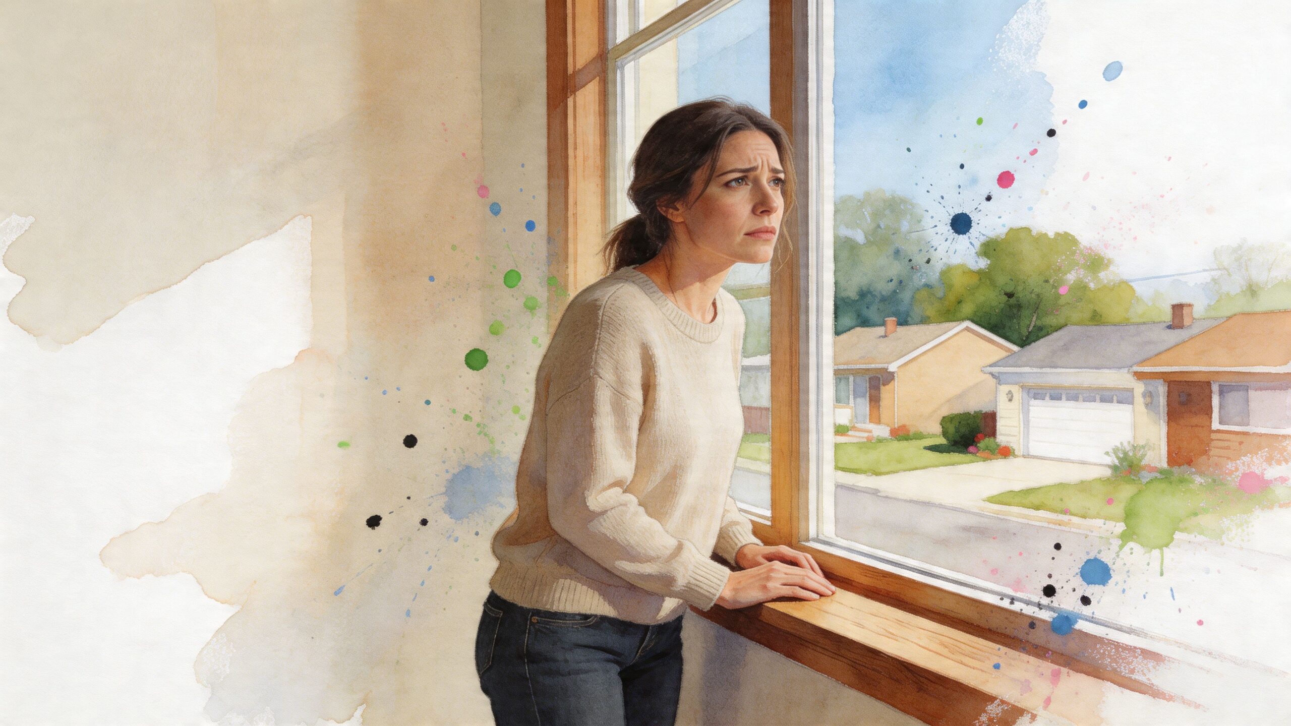 A woman looks out a window with a concerned expression amidst abstract watercolor splashes in a suburban setting.