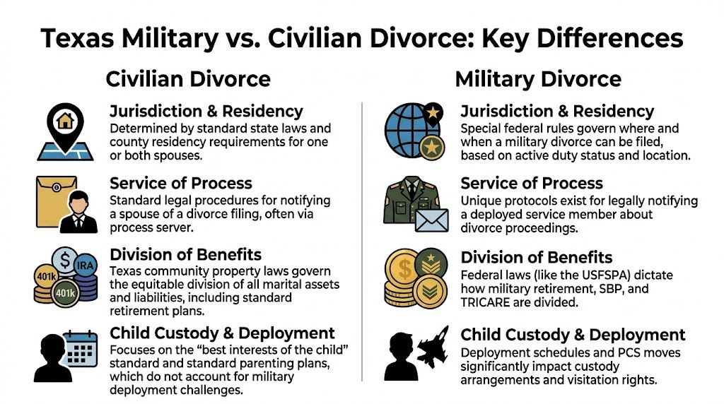 A comparison infographic showing key differences between Texas civilian and military divorce legal proceedings.