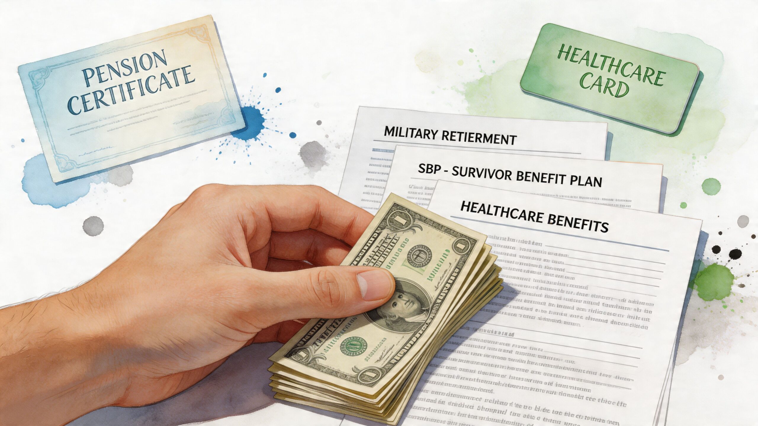 A hand holding a stack of dollar bills over military retirement and healthcare benefit documents.