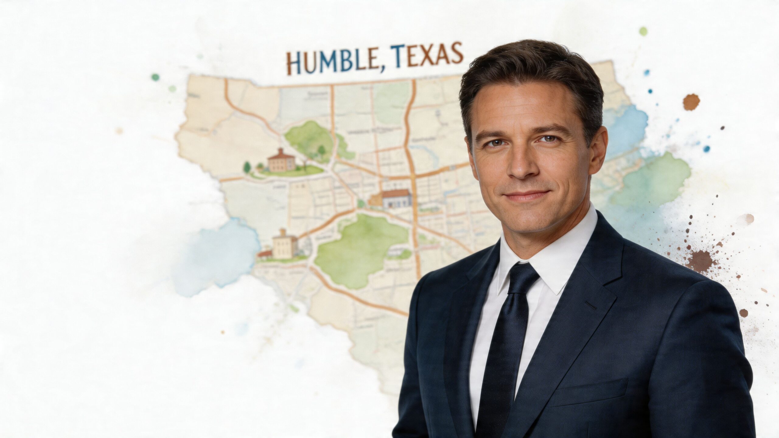A professional man in a business suit standing in front of a map of Humble, Texas.