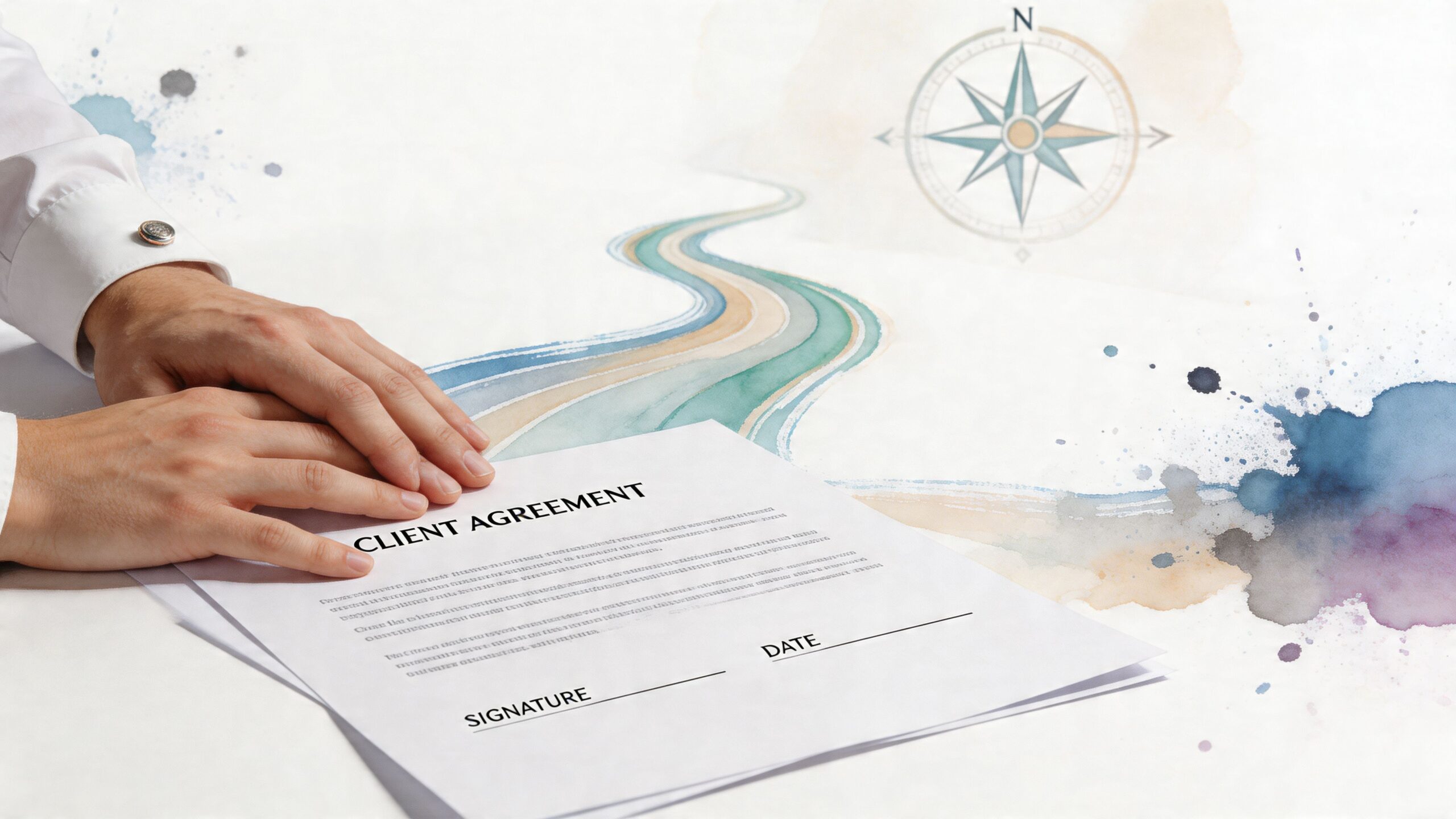 A professional man placing his hands on a client agreement document with a watercolor compass illustration.