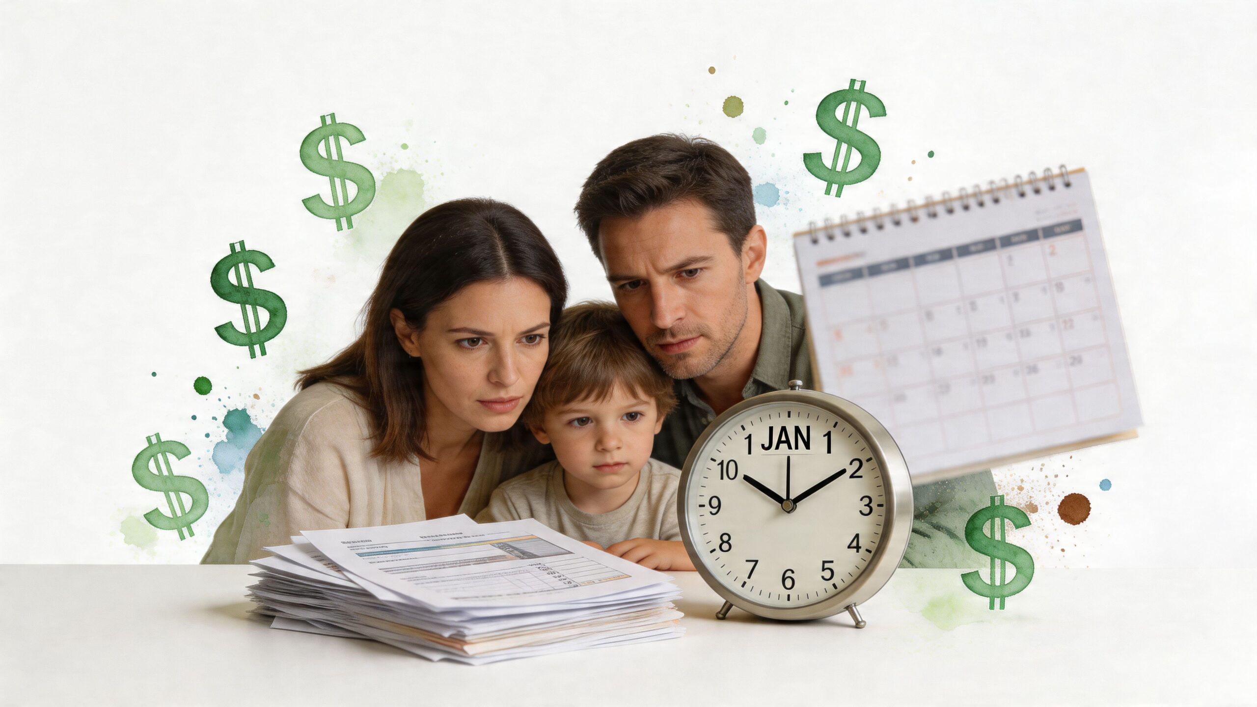 A concerned family looks at financial documents and a clock with a calendar, representing financial planning stress.