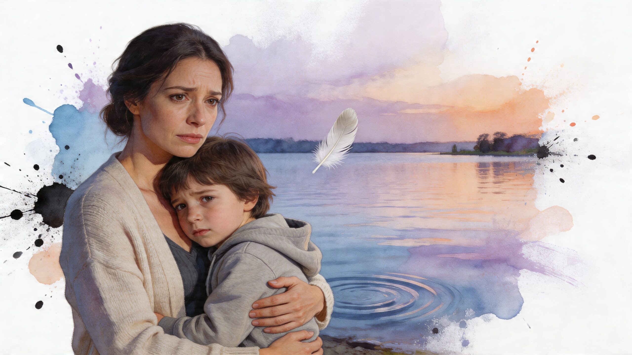 A concerned mother embraces her young son while a solitary white feather floats near a calm lake.
