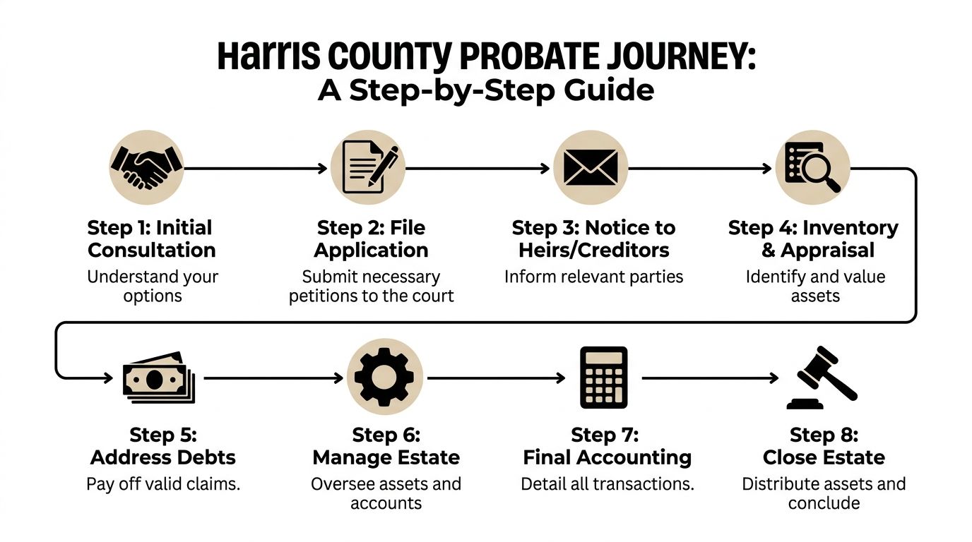 A step-by-step infographic illustrating the eight stages of the Harris County probate journey for legal guidance.