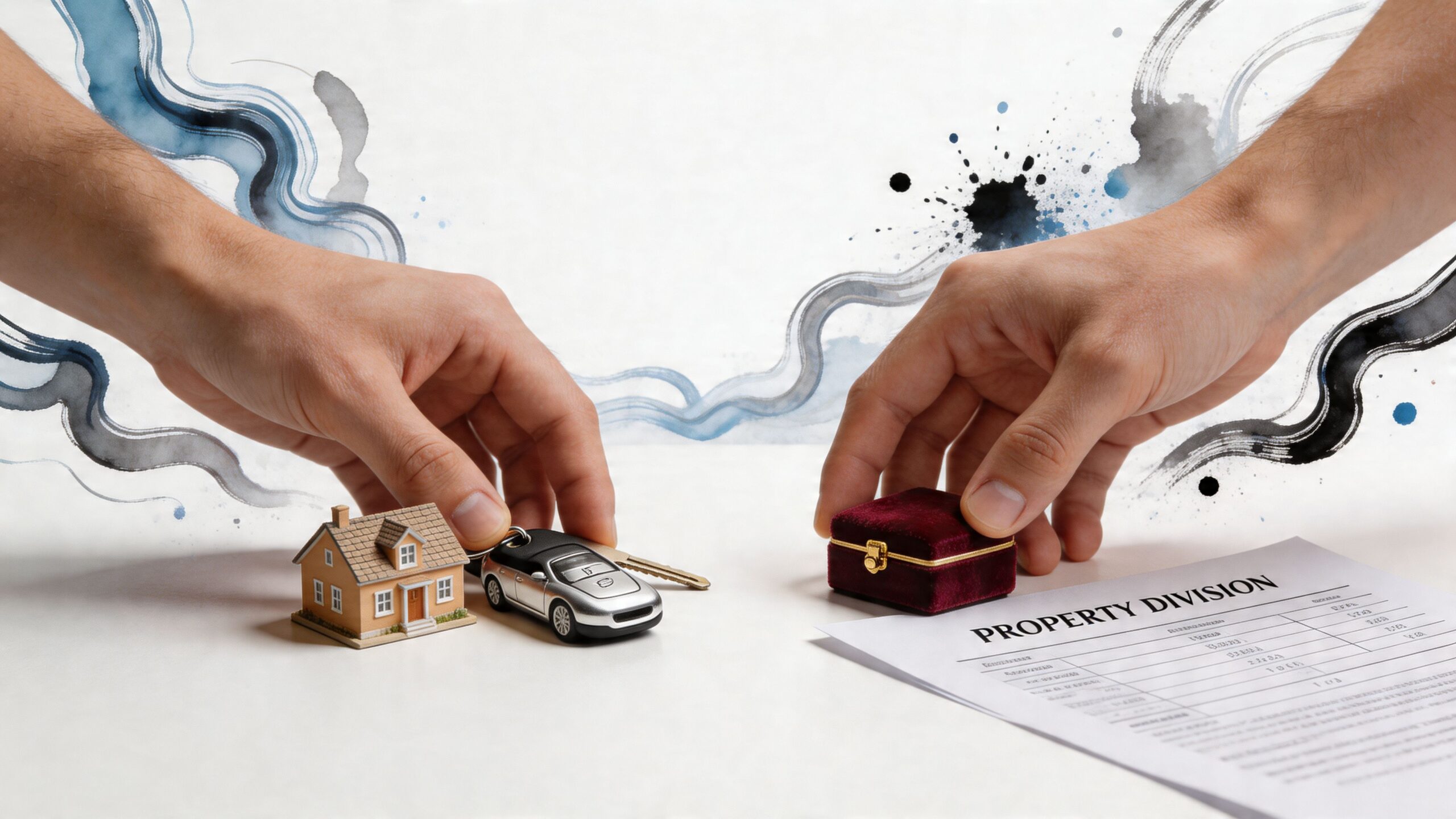 Two hands dividing assets including a house model, a toy car, jewelry, and a legal document.