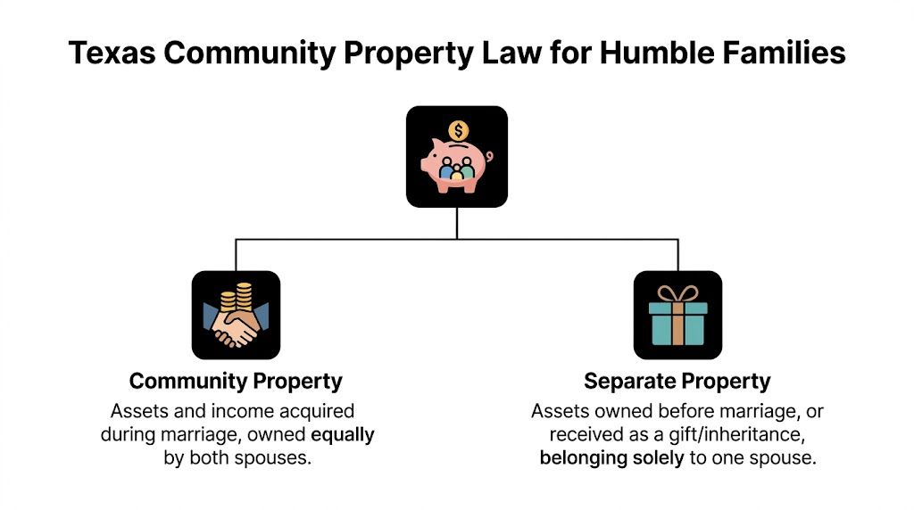 A diagram explaining the differences between community and separate property laws in Texas for married couples.