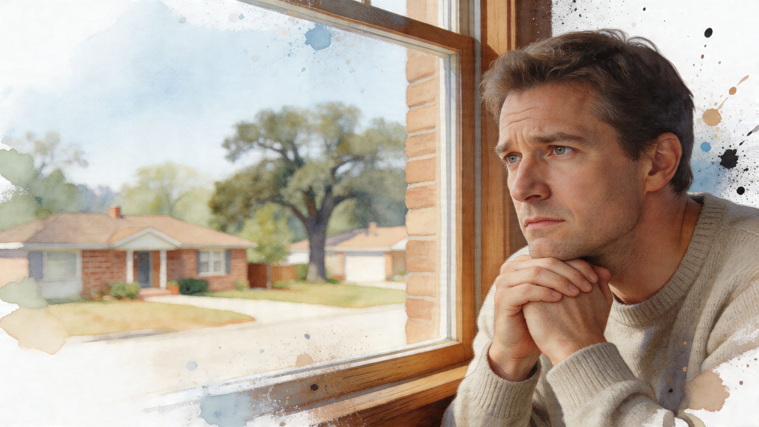 A contemplative man looking out of a window at a suburban home, reflecting on life changes.