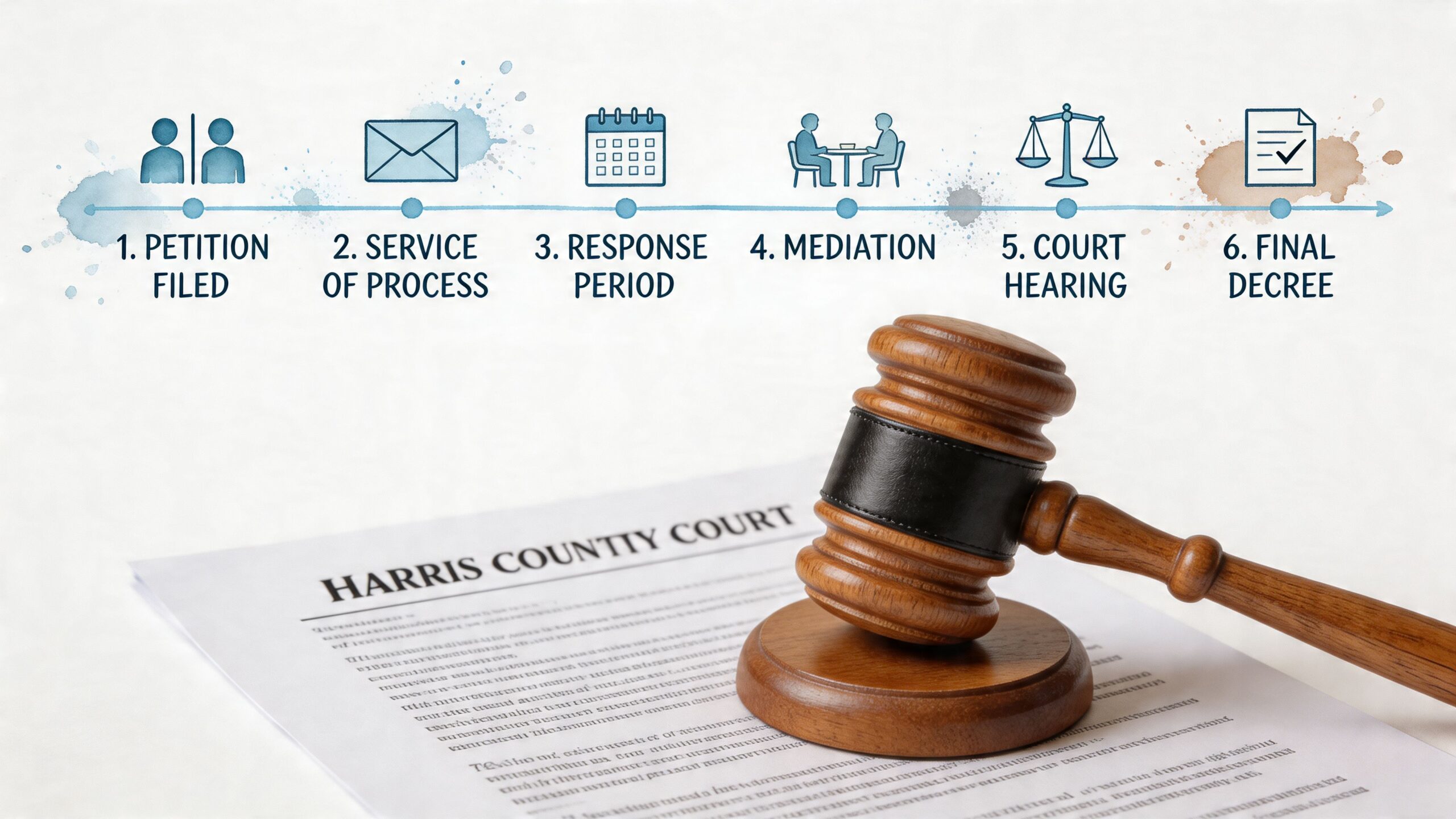 A gavel resting on a legal document beside an infographic showing the steps of a court process.